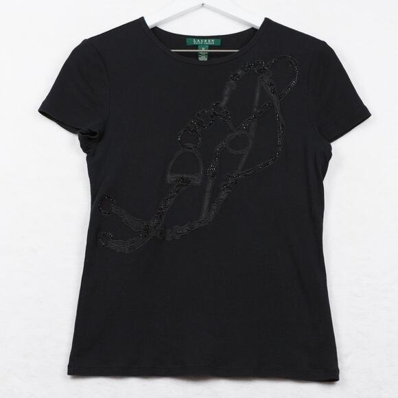 LAUREN RALPH LAUREN Equestrian Beaded Embroidered T-Shirt Bridle Stirup Black M - Picture 1 of 5